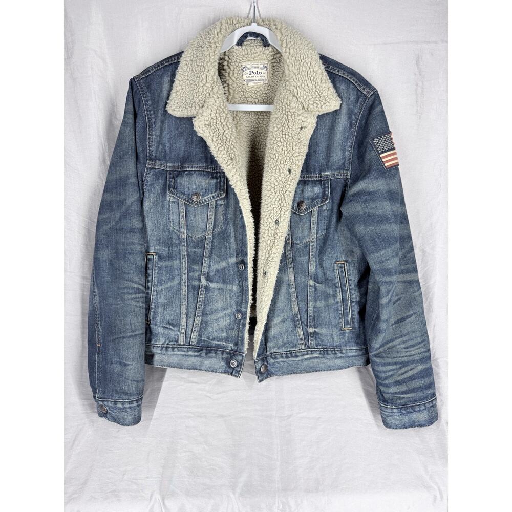 POLO RALPH LAUREN DENIM FAUX SHEARLING TRUCKER JACKET BASS WASH Men's Small